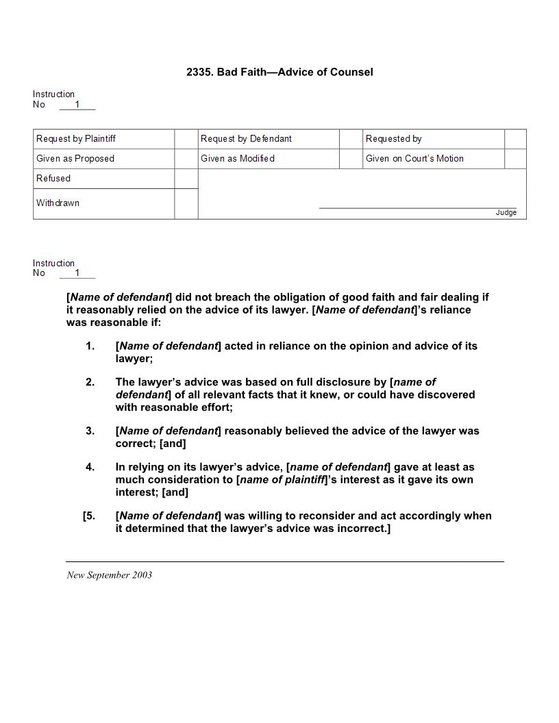 2335. Bad Faith Advice of Counsel | Pdf Docx | Jury Instructions