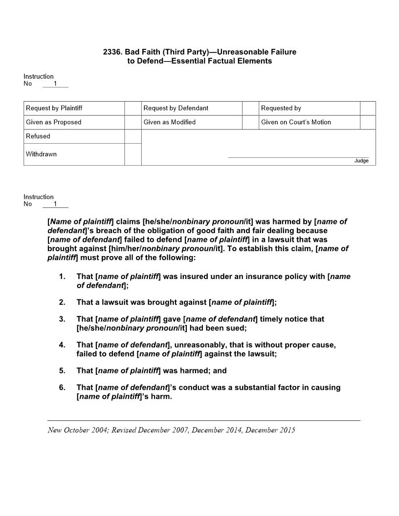 2336. Bad Faith (Third Party) Unreasonable Failure to Defend Essential Factual Elements | Pdf Docx | Jury Instructions