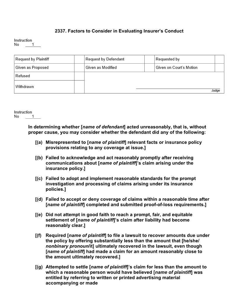 2337. Factors to Consider in Evaluating Insurers Conduct | Pdf Docx | Jury Instructions