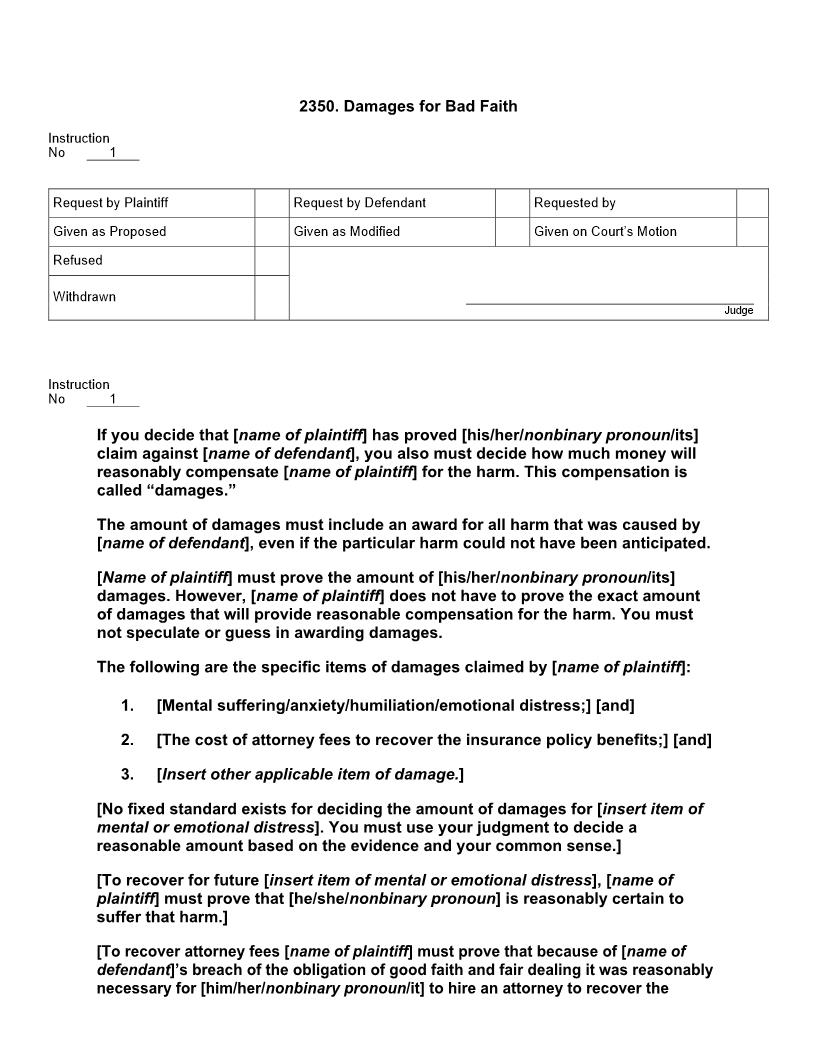2350. Damages for Bad Faith | Pdf Docx | Jury Instructions
