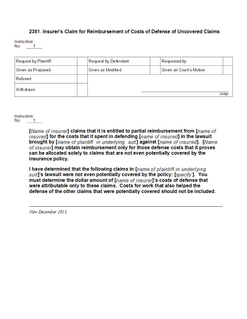 2351. Insurers Claim for Reimbursement of Costs of Defense of Uncovered Claims | Pdf Docx | Jury Instructions