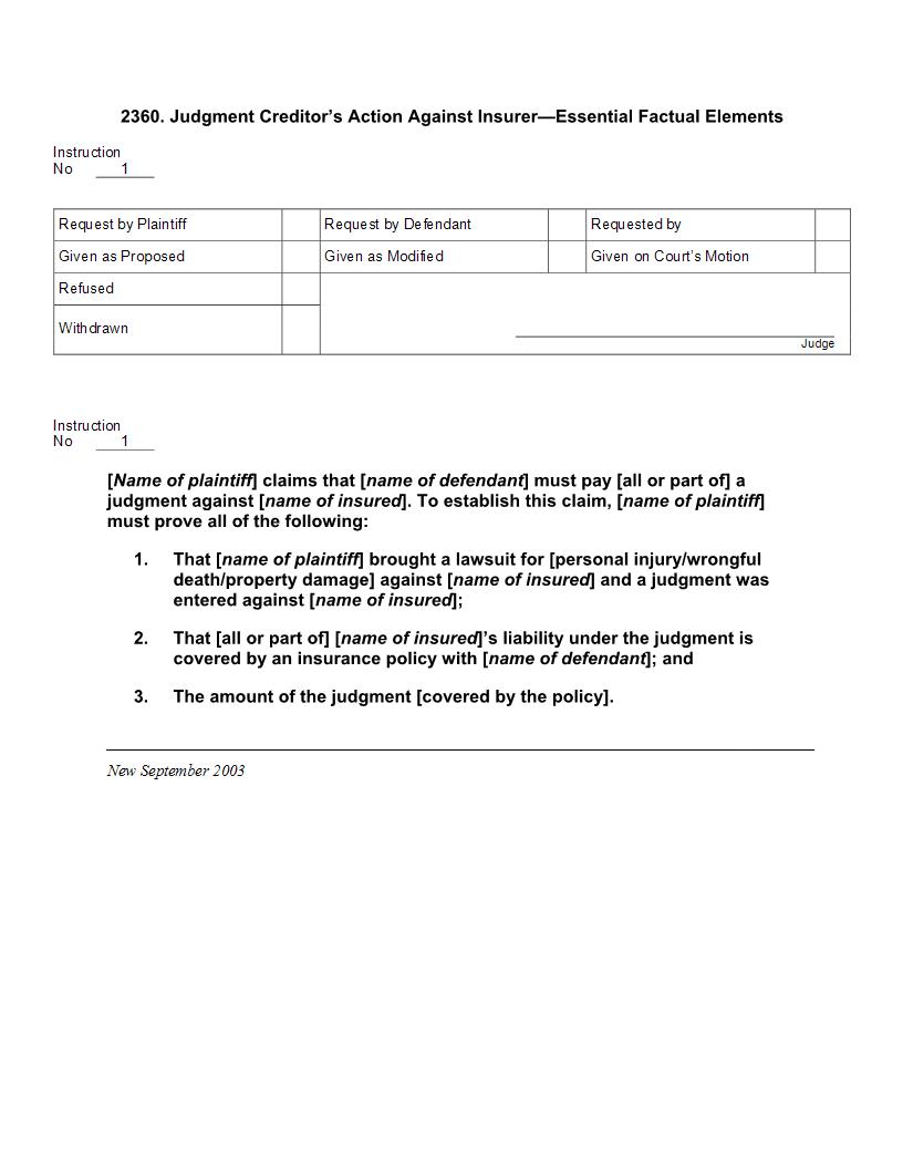 2360. Judgment Creditors Action Against Insurer Essential Factual Elements | Pdf Docx | Jury Instructions