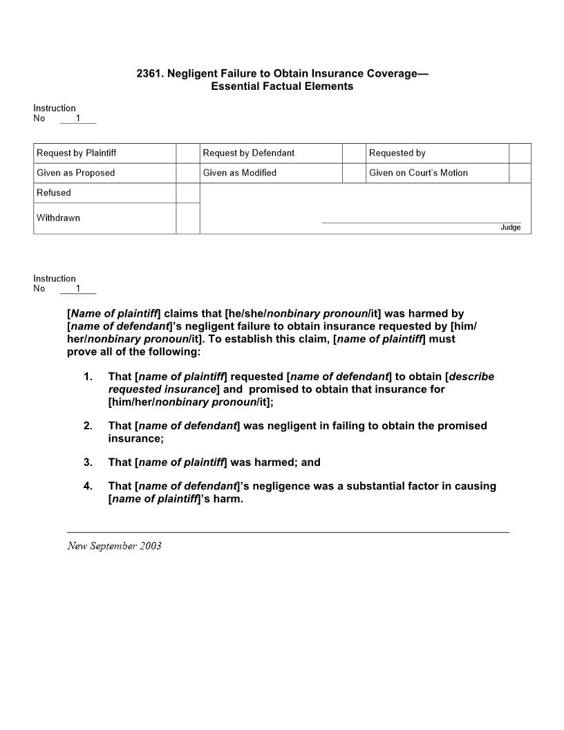2361. Negligent Failure to Obtain Insurance Coverage Essential Factual Elements | Pdf Docx | Jury Instructions