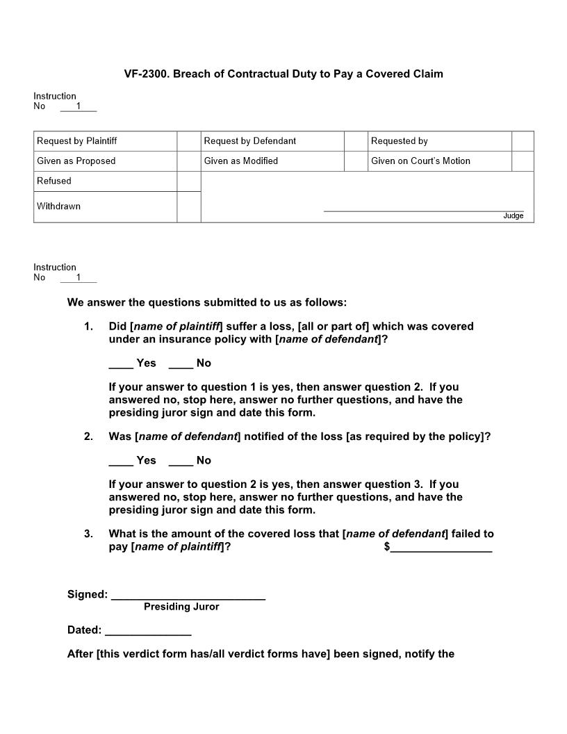 VF 2300. Breach of Contractual Duty to Pay a Covered Claim | Pdf Docx | Jury Instructions