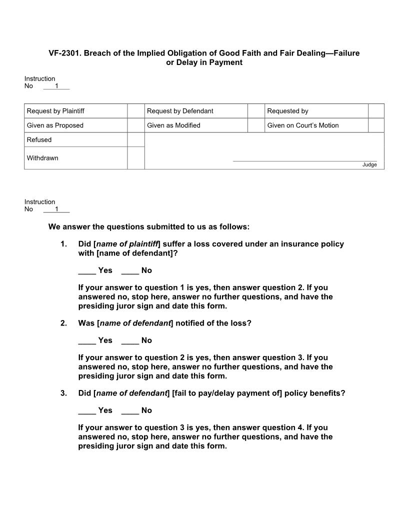 VF 2301. Breach of Implied Obligation of Gd Faith Fair Dealing Failure or Delay in Payment | Pdf Docx | Jury Instructions