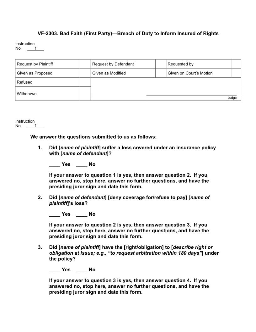 VF 2303. Bad Faith (First Party) Breach of Duty to Inform | Pdf Docx | Jury Instructions