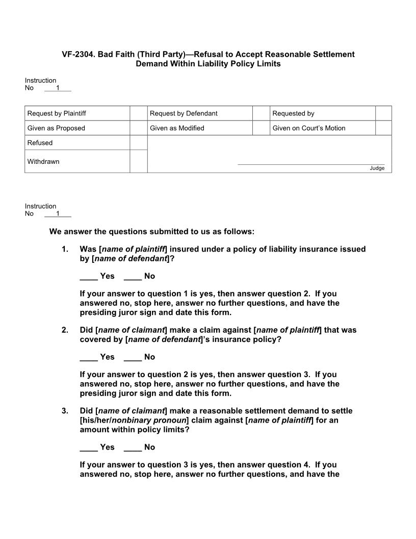 VF 2304. Bad Faith (Third Party) Refusal Reasonable Settlement Demand | Pdf Docx | Jury Instructions