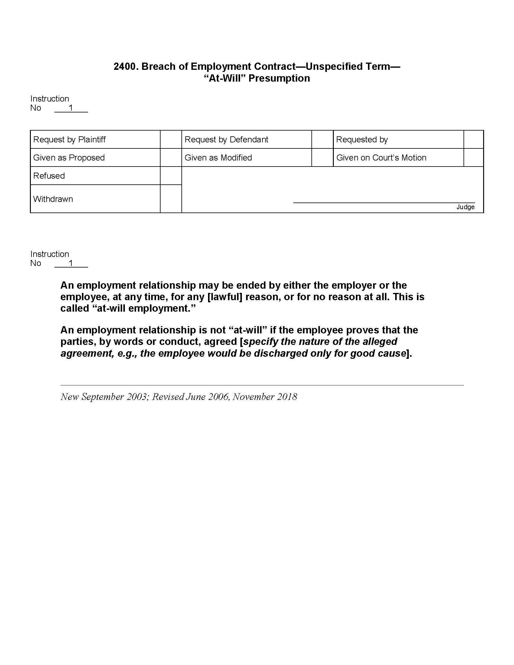 2400. Breach of Employment Contract Unspecified Term at-Will Presumption | Pdf Docx | Jury Instructions