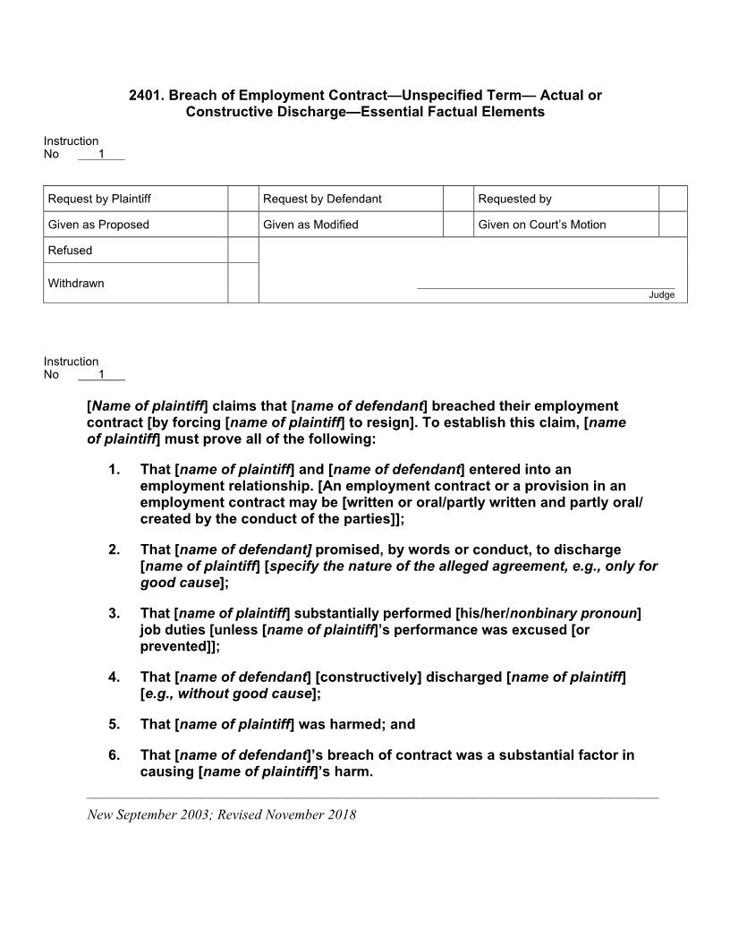 2401. Breach of Employment Contract Unspecified Term Essential Factual Elements | Pdf Docx | Jury Instructions