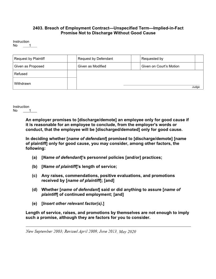 2403. Breach of Emplmt Contract Unspec Term Implied-in-Fact Prom Not to Disch Without Good Cause | Pdf Docx | Jury Instructions