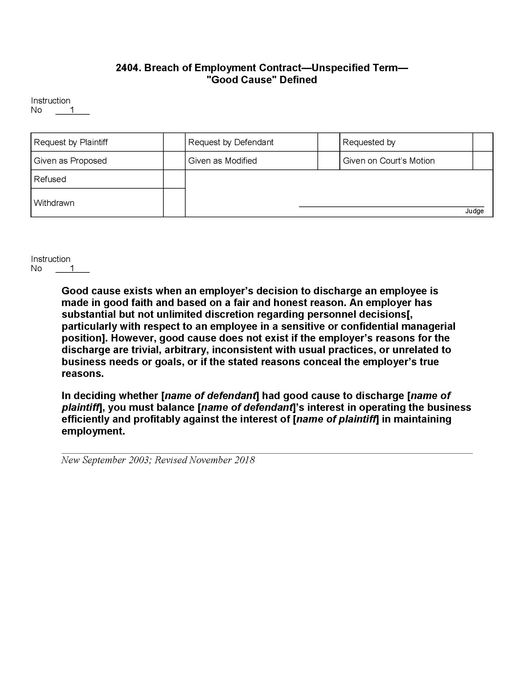 2404. Breach of Employment Contract Unspecified Term Good Cause Defined | Pdf Docx | Jury Instructions