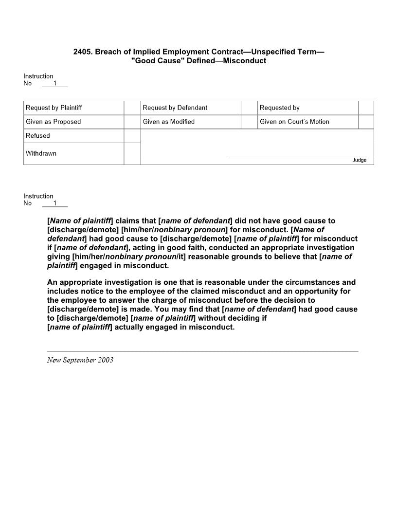 2405. Breach of Implied Employment Contract Unspecified Term Good Cause Defined Misconduct | Pdf Docx | Jury Instructions