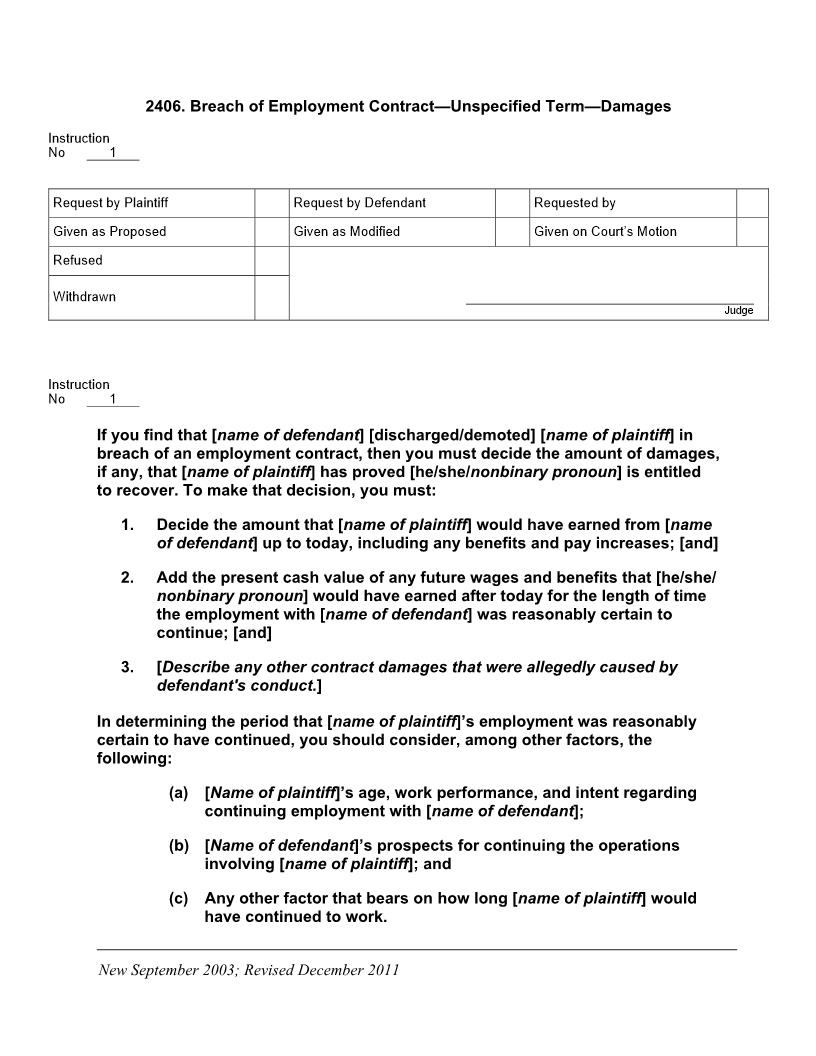 2406. Breach of Employment Contract Unspecified Term Damages | Pdf Docx | Jury Instructions