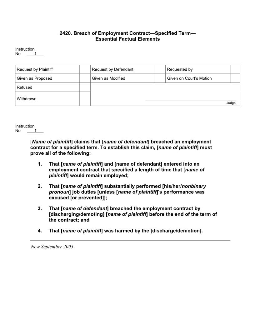 2420. Breach of Employment Contract Specified Term Essential Factual Elements | Pdf Docx | Jury Instructions
