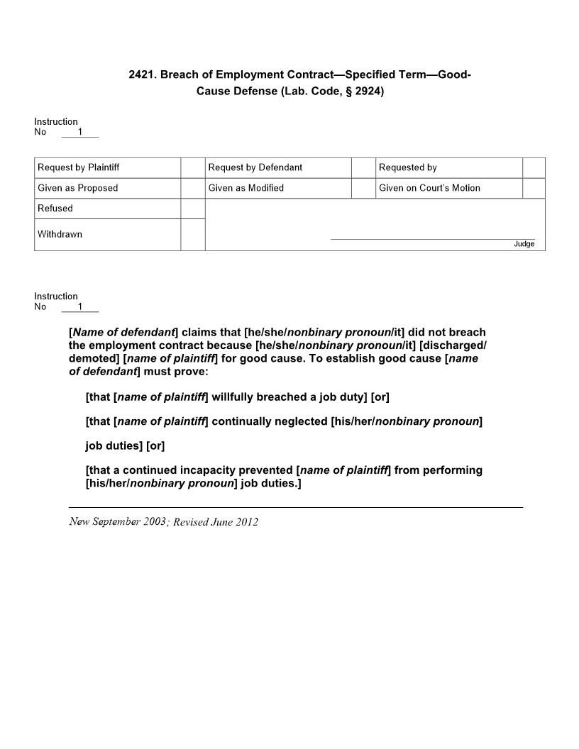 2421. Breach of Employment Contract Specified Term Good-Cause Defense (Lab. Code, § 2924) | Pdf Doc Docx | Jury Instructions