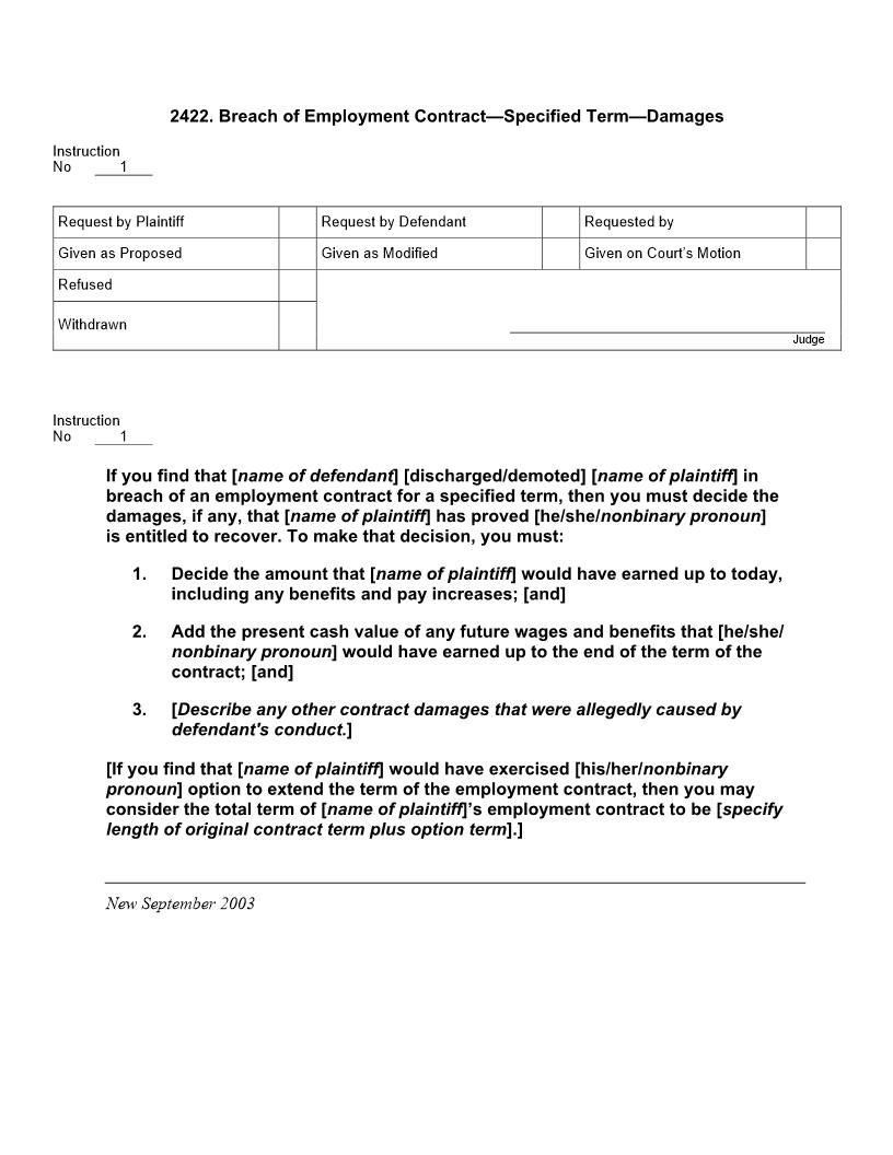 2422. Breach of Employment Contract Specified Term Damages | Pdf Docx | Jury Instructions