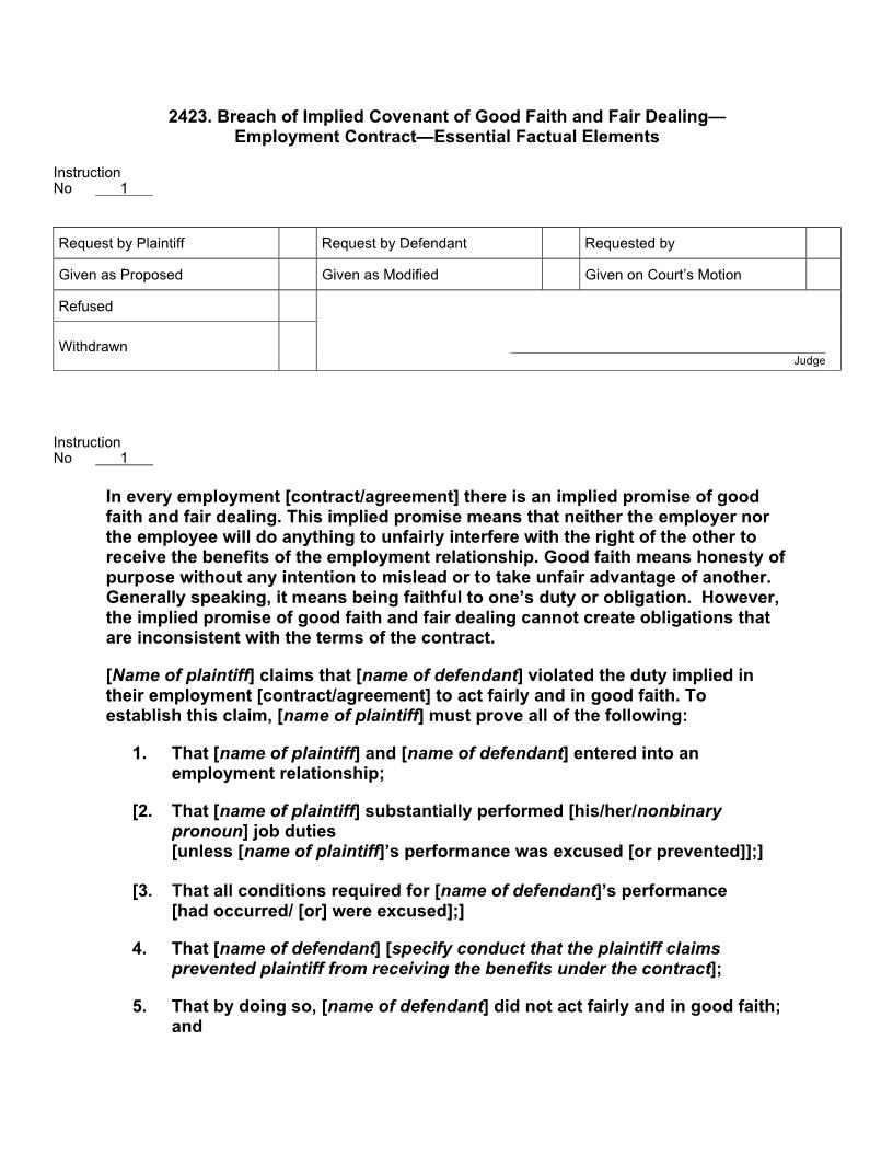 2423. Breach Implied Covenant Good Faith Fair Dealing Employment Contract Ess Factual Els | Pdf Docx | Jury Instructions