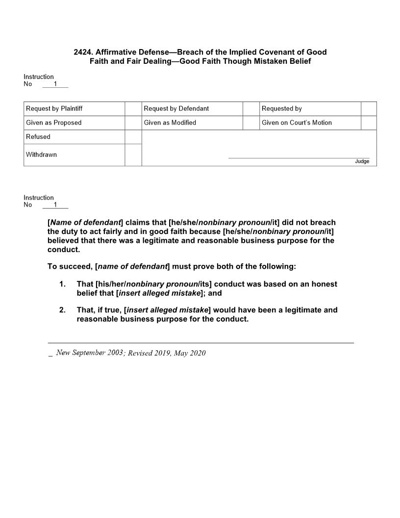 2424. Affirmative Defense Breach Implied Covenant Good Faith Fair Dealing Mistaken Belief | Pdf Docx | Jury Instructions