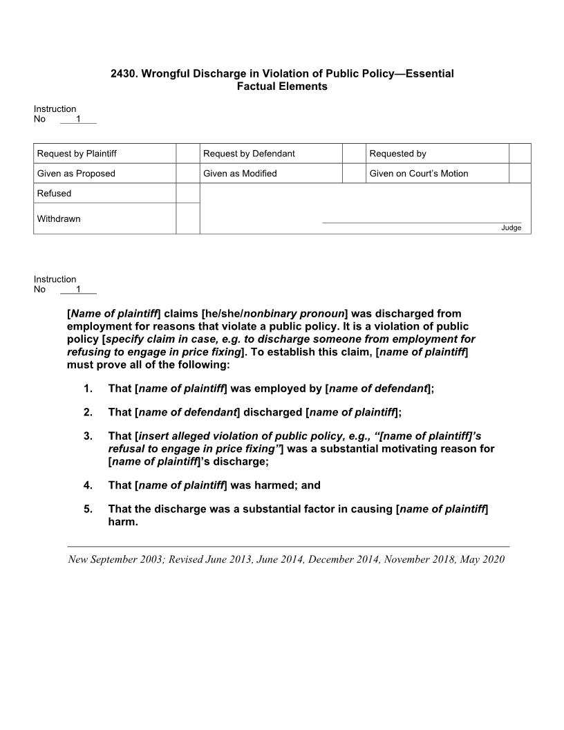 2430. Wrongful Discharge in Violation of Public Policy Essential Factual Elements | Pdf Docx | Jury Instructions