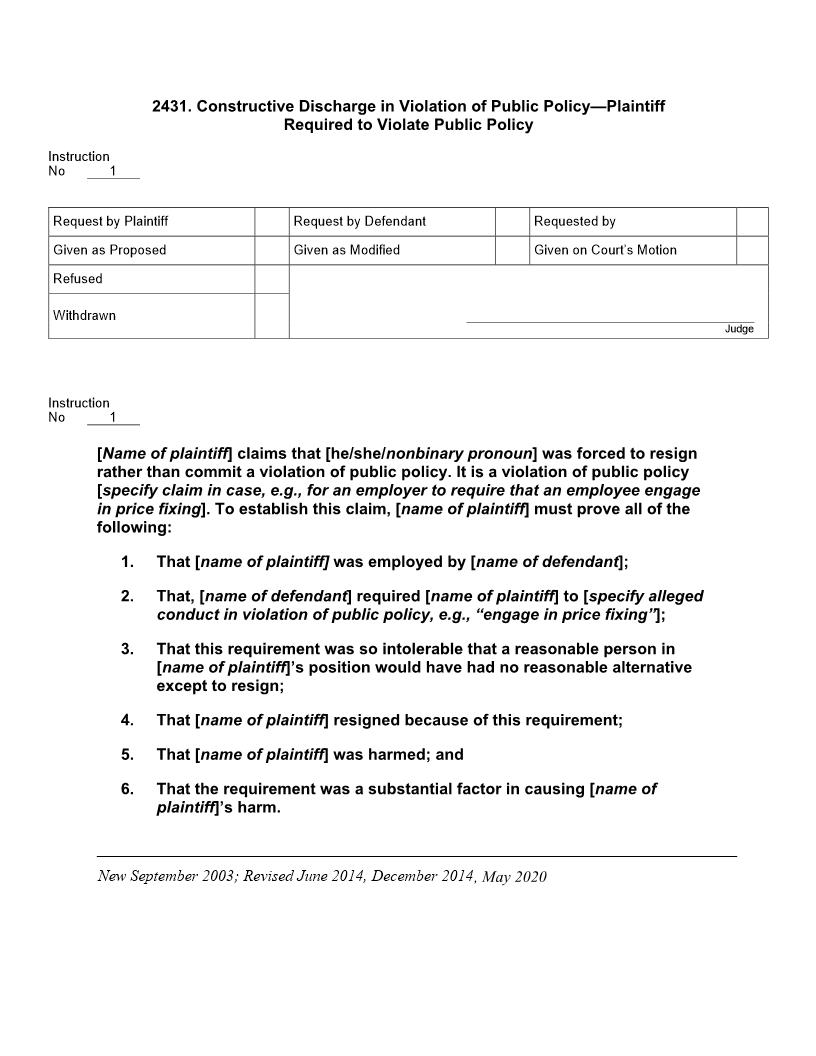 2431. Constructive Discharge in Violation of Public Policy Plaintiff Required to Violate Public Policy | Pdf Docx | Jury Instructions