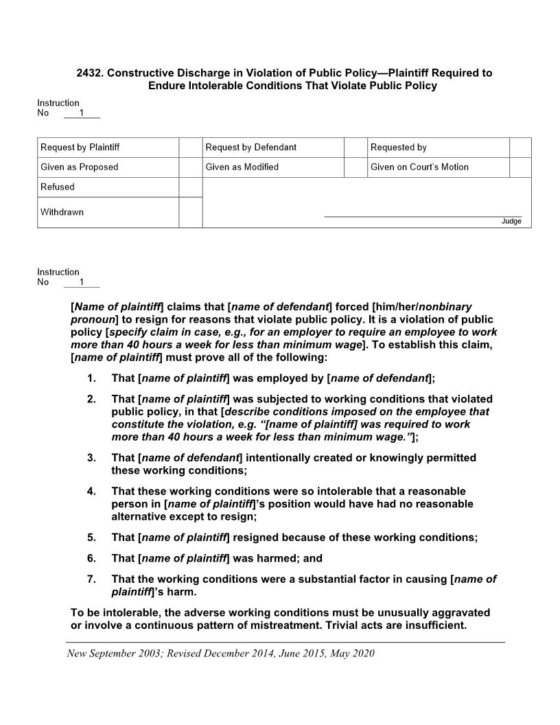 2432. Constructive Disch in Violation of Pub Pol Endure Intolerable Conditions That Violate Publ Pol | Pdf Docx | Jury Instructions