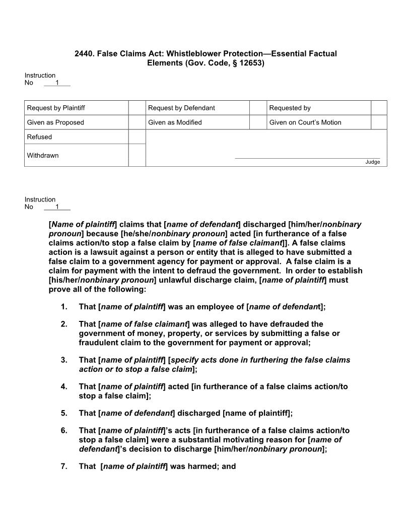 2440. False Claims Act Whistleblower Protection Essential Factual Els (Gov. Code, § 12653) | Pdf Docx | Jury Instructions