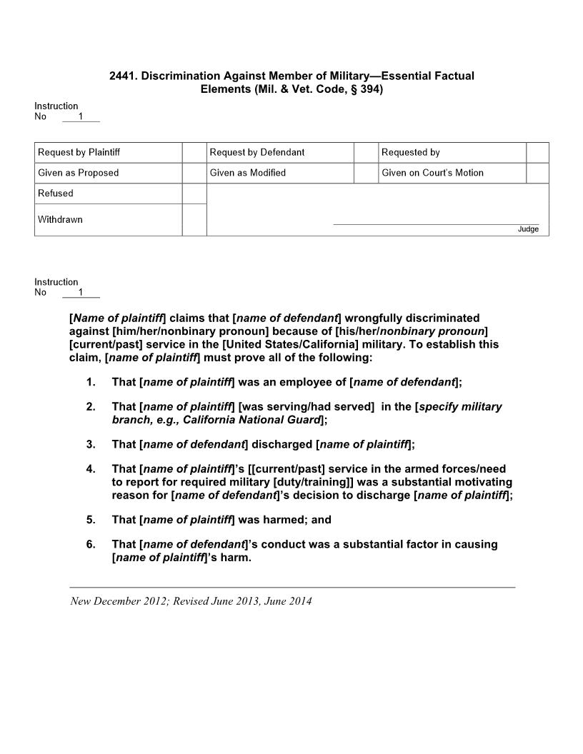2441. Discrimination Against Member of Military Essential Factual Elements (Mil. Vet. Code, § 394) | Pdf Doc Docx | Jury Instructions