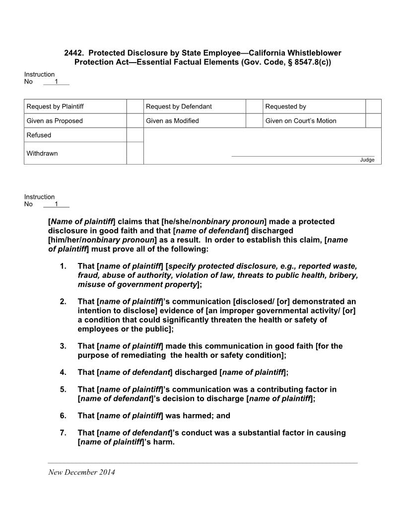 2442. Protected Disclosure by State Employee CA Whistleblower Protn Act Essential Factual Els | Pdf Docx | Jury Instructions