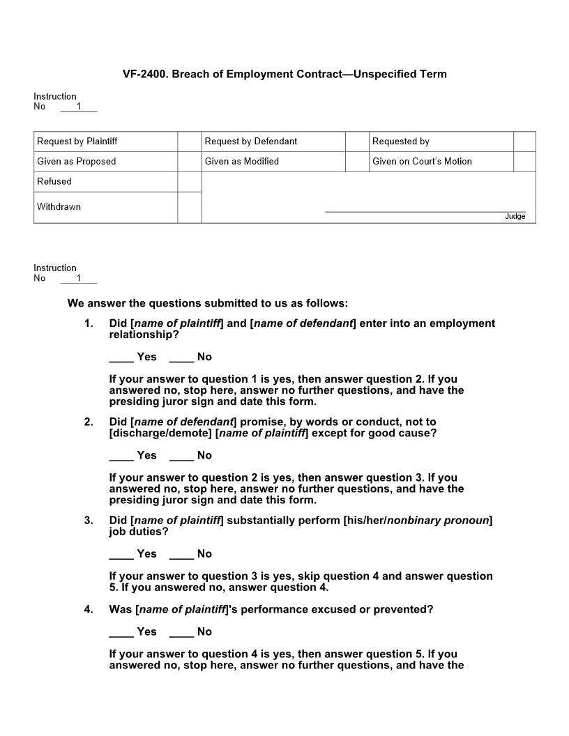 VF 2400. Breach of Employment Contract Unspecified Term | Pdf Docx | Jury Instructions