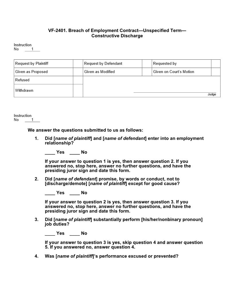 VF 2401. Breach of Employment Contract Unspecified Term Constructive Discharge | Pdf Docx | Jury Instructions