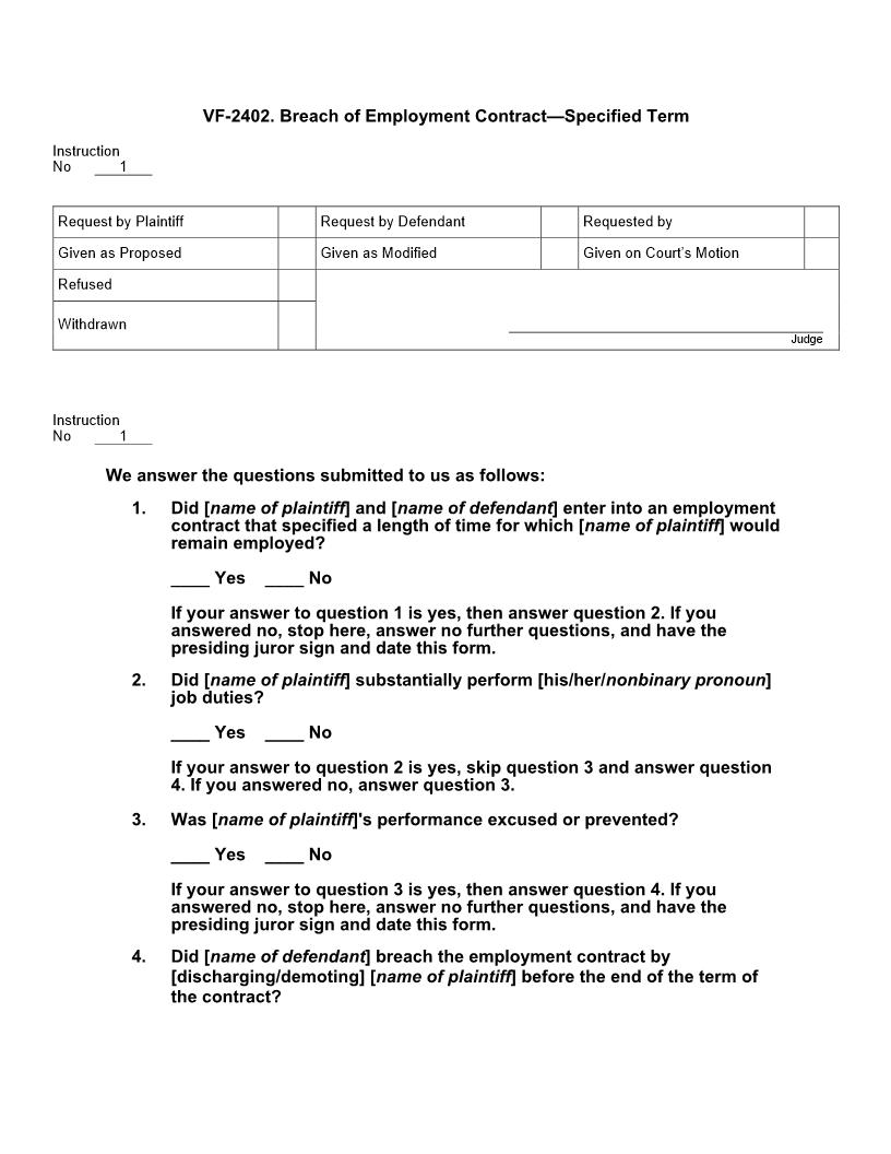VF 2402. Breach of Employment Contract Specified Term | Pdf Docx | Jury Instructions