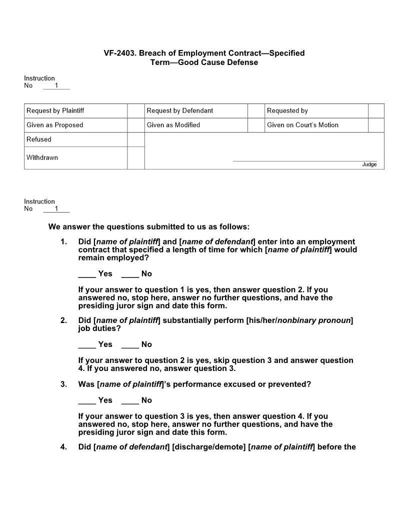 VF 2403. Breach of Employment Contract Specified Term Good Cause Defense | Pdf Docx | Jury Instructions
