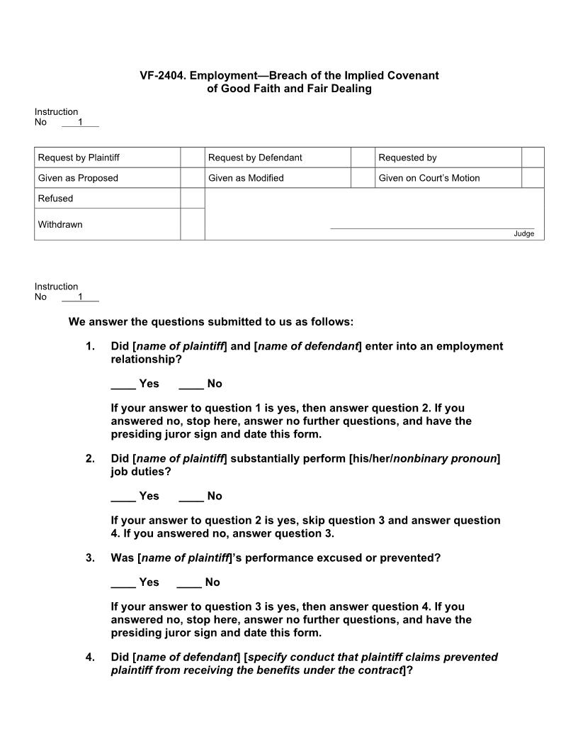 VF 2404. Employment Breach of the Implied Covenant of Good Faith and Fair Dealing | Pdf Docx | Jury Instructions