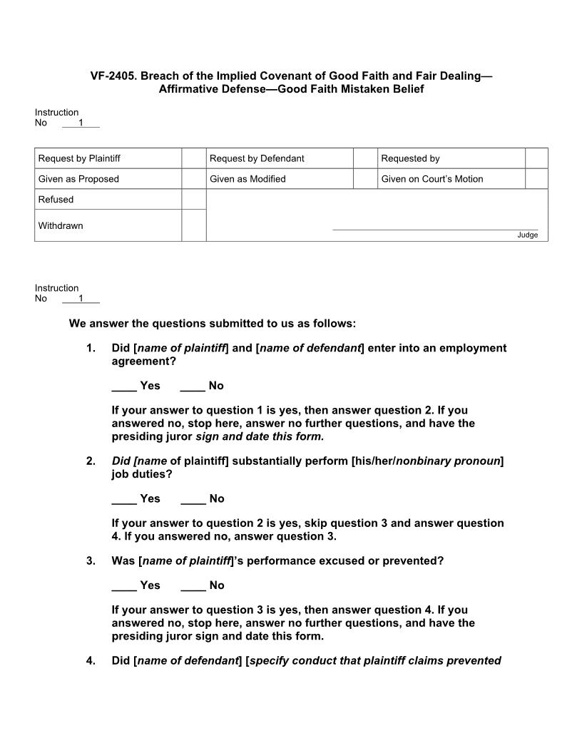 VF 2405. Breach of Implied Covenant of Gd Faith Fair Dealing Aff Def Gd Faith Mistaken Belief | Pdf Docx | Jury Instructions