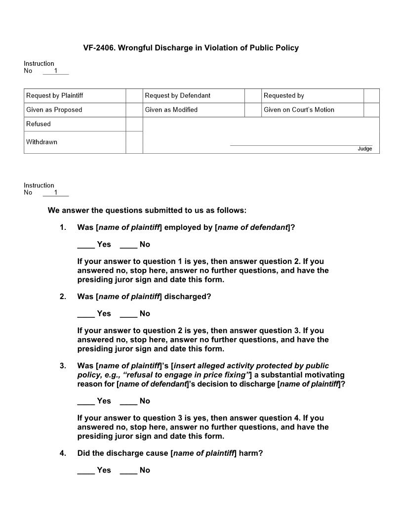 VF 2406. Wrongful Discharge in Violation of Public Policy | Pdf Docx | Jury Instructions