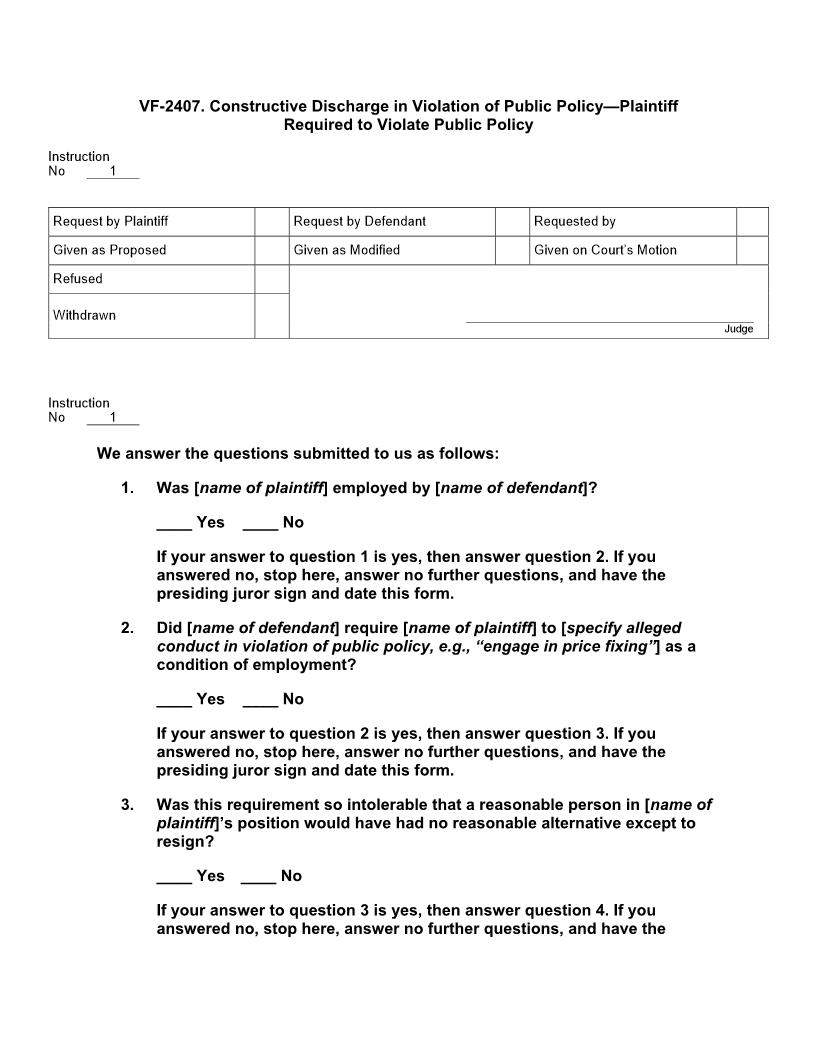 VF 2407. Constructive Discharge in Violation of Public Policy Plaintiff Required to Violate Public Policy | Pdf Docx | Jury Instructions