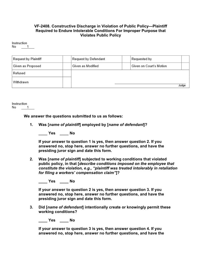 VF 2408. Constructive Disch in Violation of Pub Pol Intolerable Conds for Improper Purp Violates Pub Pol | Pdf Docx | Jury Instructions