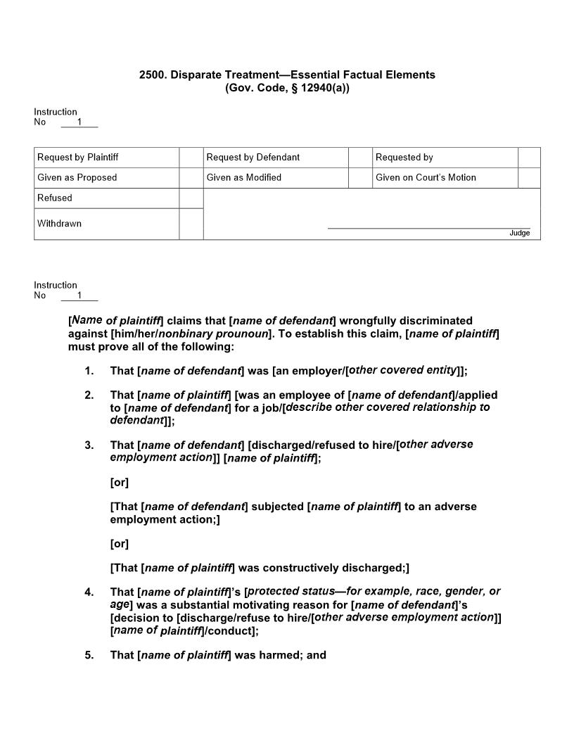 2500. Disparate Treatment Essential Factual Elements (Gov. Code, 12940(a)) | Pdf Docx | Jury Instructions