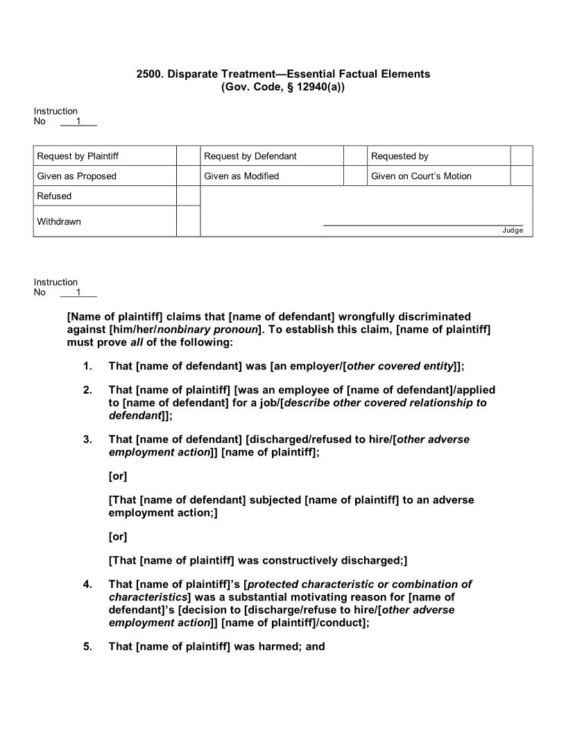 2500. Disparate Treatment Essential Factual Elements (Gov. Code, 12940(a)) | Pdf Docx | Jury Instructions