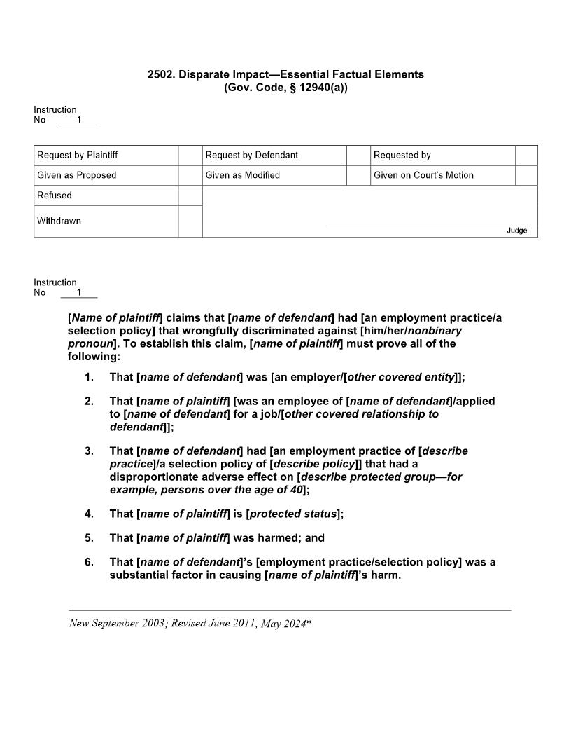 2502. Disparate Impact Essential Factual Elements (Gov. Code, 12940(a)) | Pdf Docx | Jury Instructions