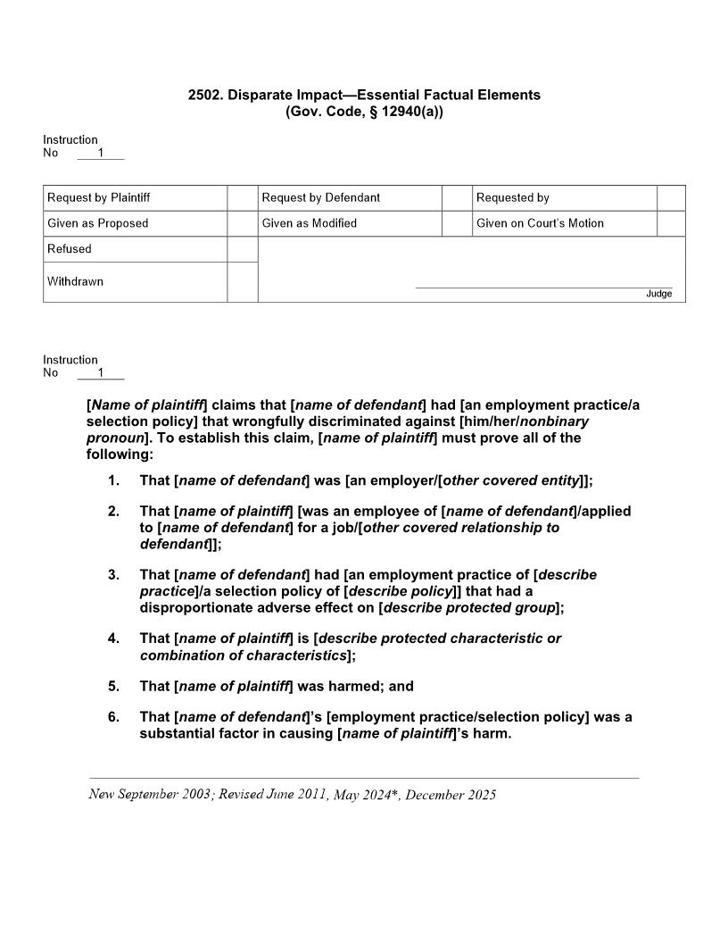 2502. Disparate Impact Essential Factual Elements (Gov. Code, 12940(a)) | Pdf Docx | Jury Instructions