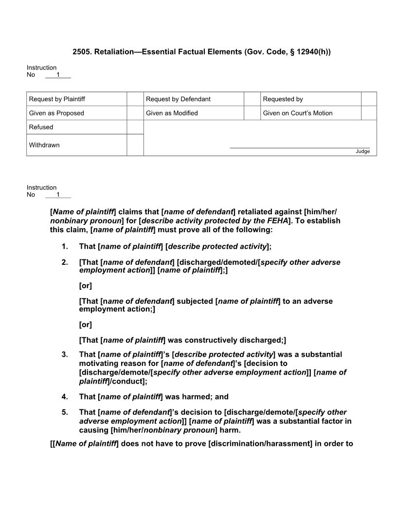 2505. Retaliation Essential Factual Elements (Gov. Code, 12940(h)) | Pdf Docx | Jury Instructions