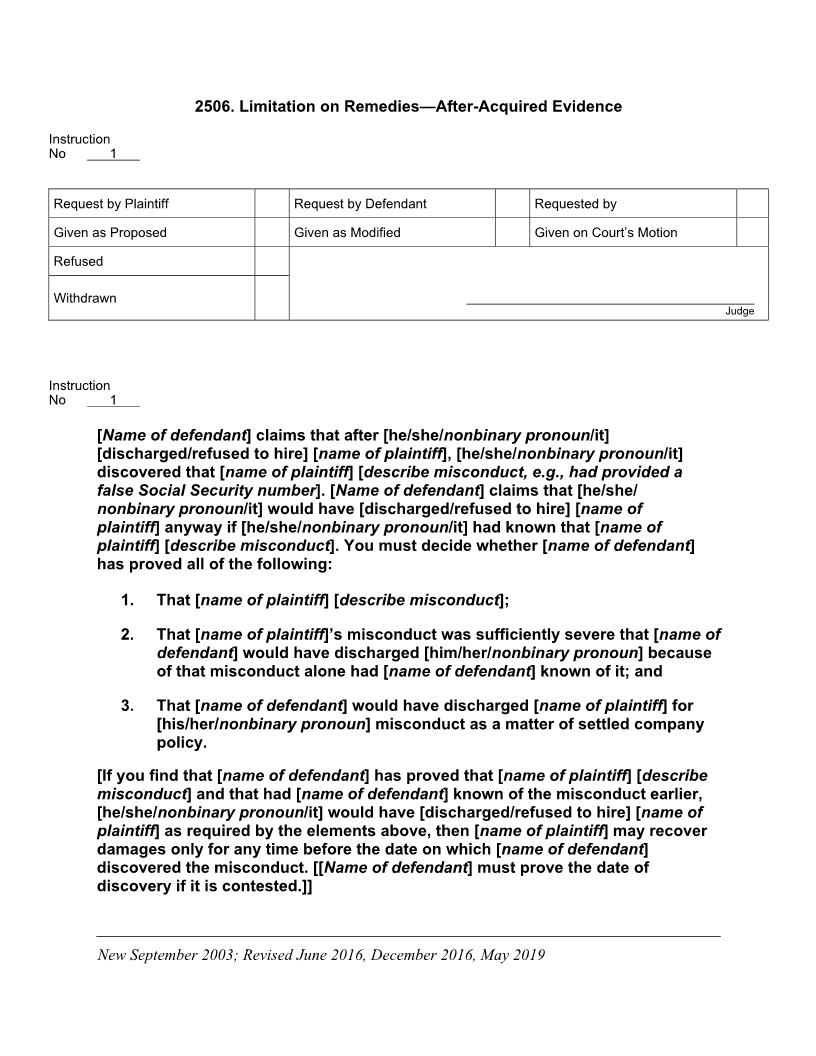 2506. Limitation on Remedies After-Acquired Evidence | Pdf Docx | Jury Instructions