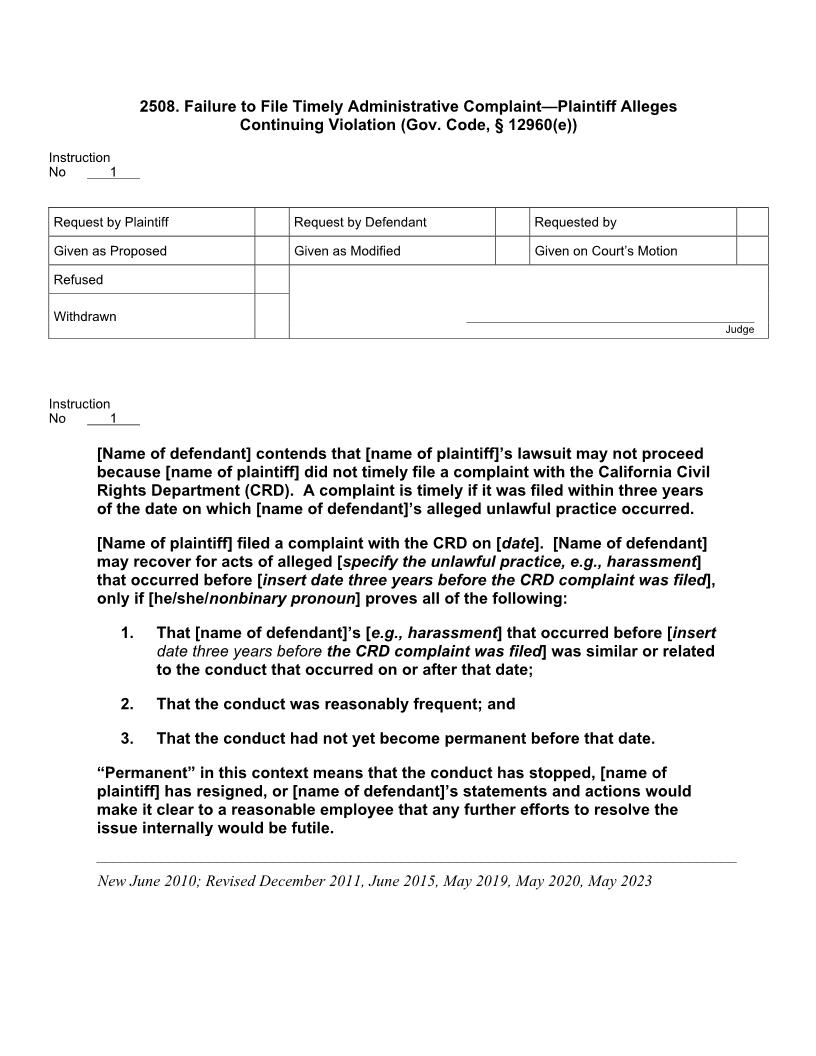2508. Failure to File Timely Administrative Complaint Plaintiff Alleges Continuing Violation | Pdf Docx | Jury Instructions