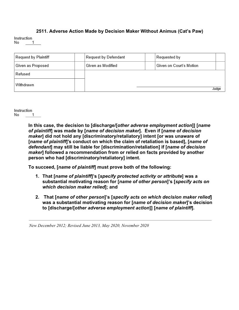 2511. Adverse Action Made by Decision Maker Without Animus (Cats Paw) | Pdf Docx | Jury Instructions