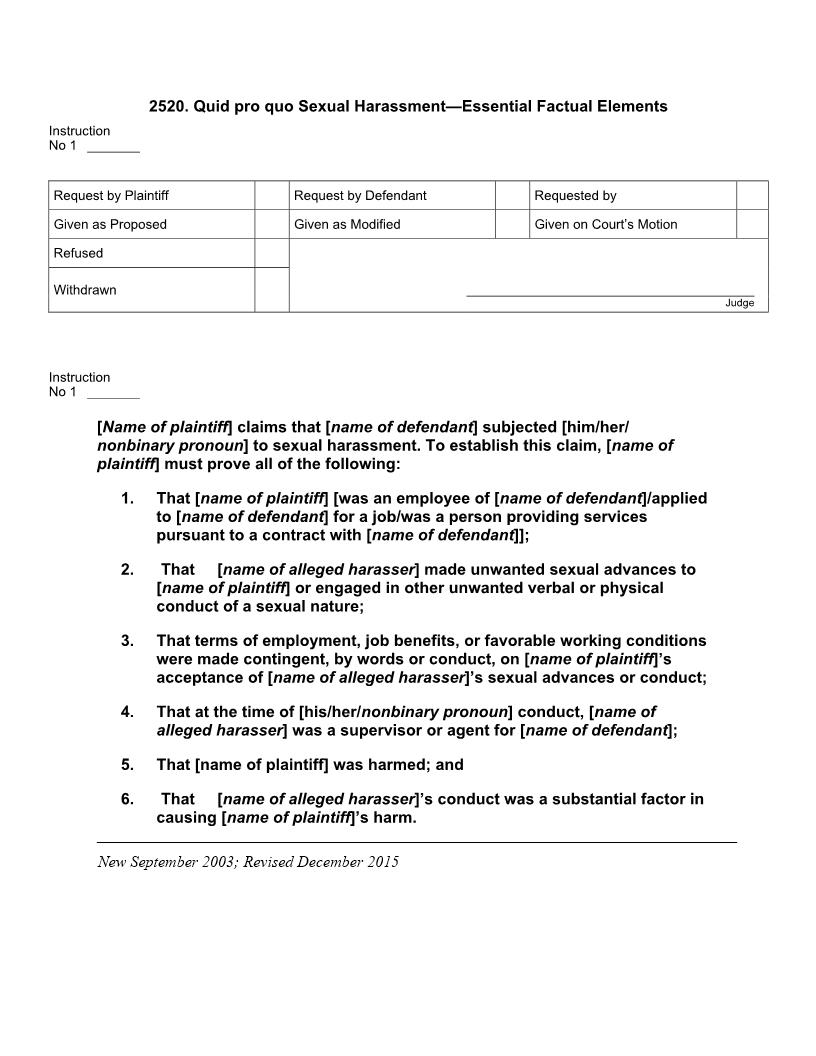 2520. Quid pro quo Sexual Harassment Essential Factual Elements | Pdf Docx | Jury Instructions