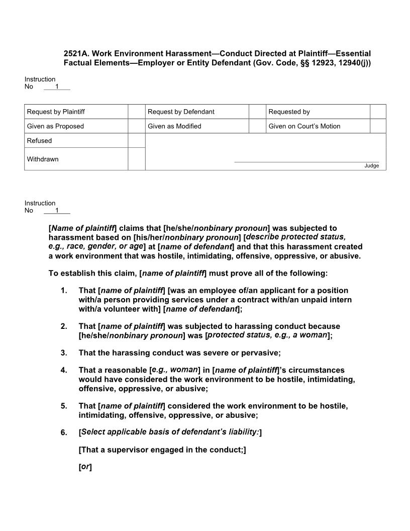 2521A. Work Environment Harassmt Dir. at Pltf Ess Fact Els Employer or Entity Deft | Pdf Doc Docx | Jury Instructions