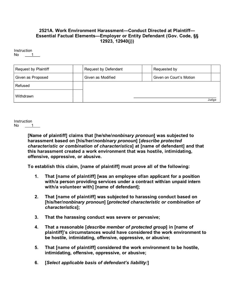 2521A. Work Environment Harassmt Dir. at Pltf Ess Fact Els Employer or Entity Deft | Pdf Doc Docx | Jury Instructions