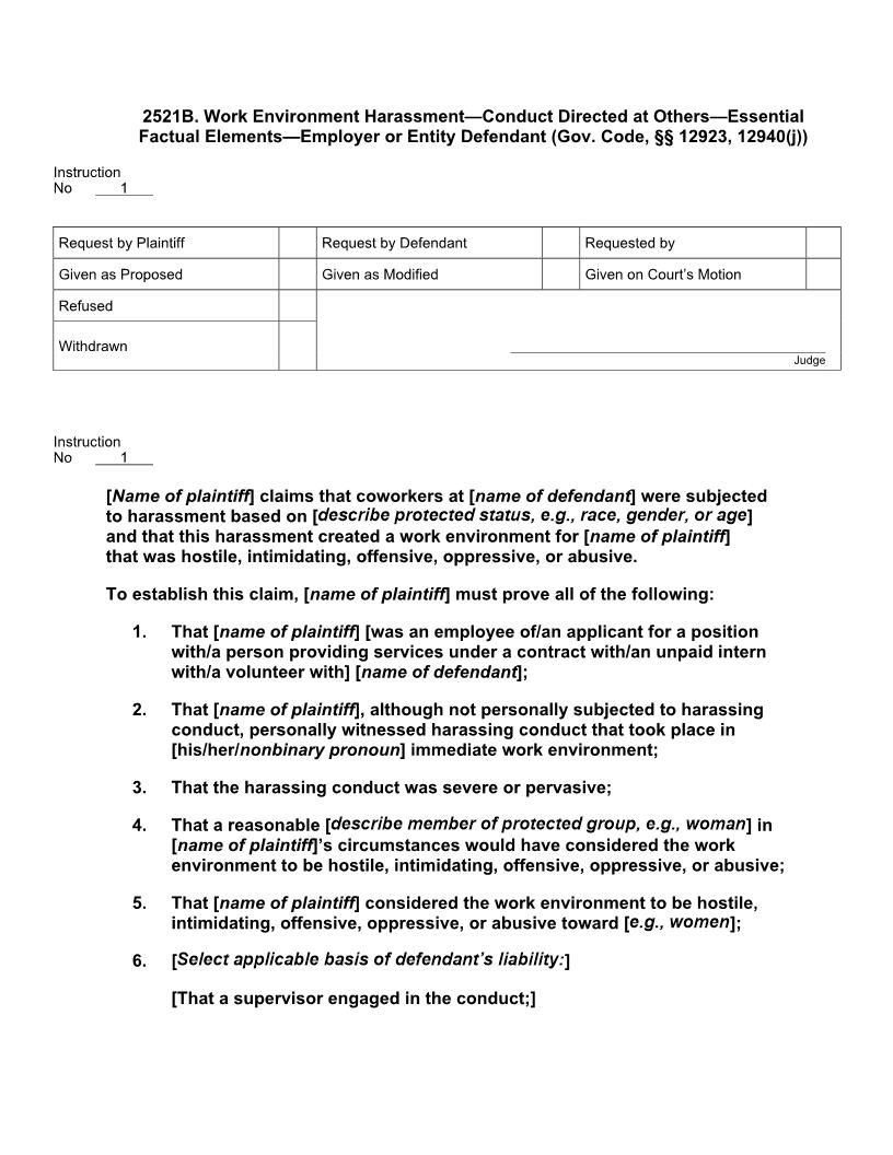 2521B. Work Environment Harassment Cond Dir. at Others Ess. Fact Els Employer-Entity Deft | Pdf Docx | Jury Instructions