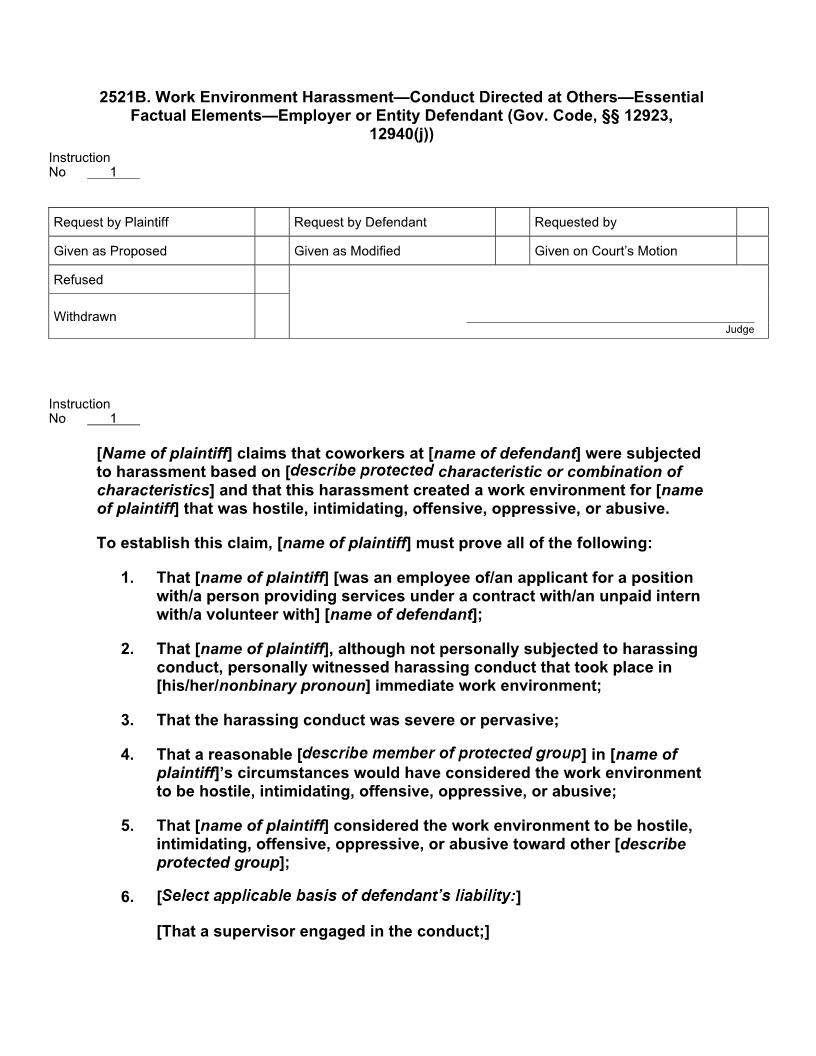 2521B. Work Environment Harassment Cond Dir. at Others Ess. Fact Els Employer-Entity Deft | Pdf Docx | Jury Instructions